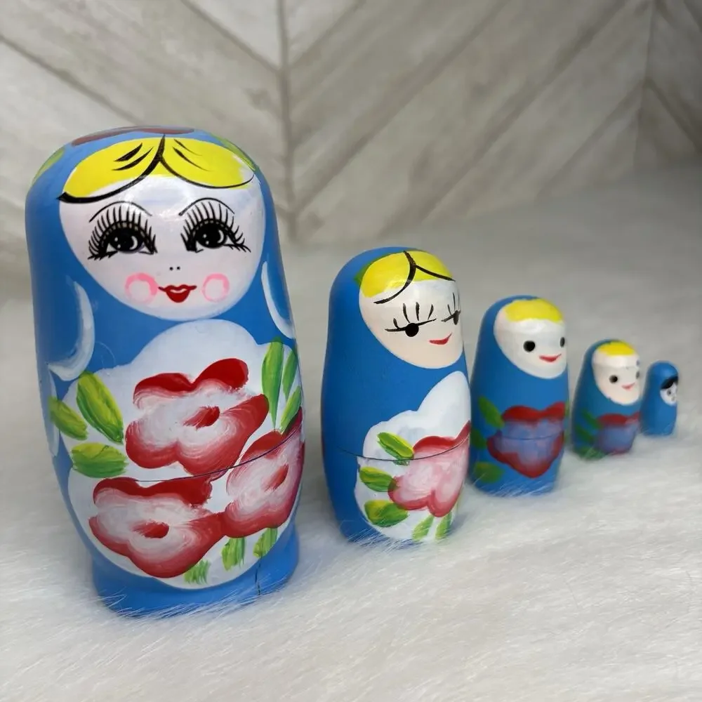 5 Pc Matryoshka Nesting Dolls Hand Painted Blue Floral Babushka Russian Wood